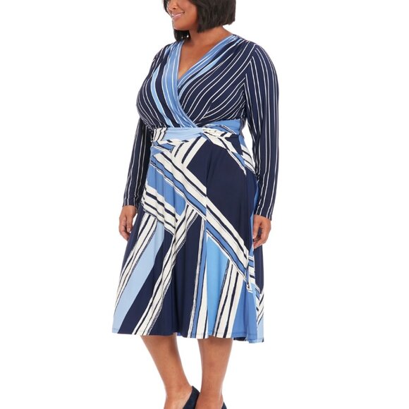 London Times Plus 22W Side Twist Wrap Midi Dress Ivory Blue Jersey V-Neck NWT - Picture 4 of 5